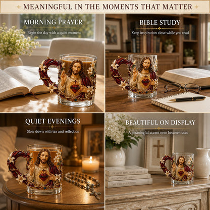 ⏳ Last Day 49% OFF – ✝️ 3D Christian Devotional Glass Mug Collection | 12oz Premium Clear Glass with Raised Jesus & Virgin Mary Figures, Sculptural Details & Jewel-Inspired Accents ✨