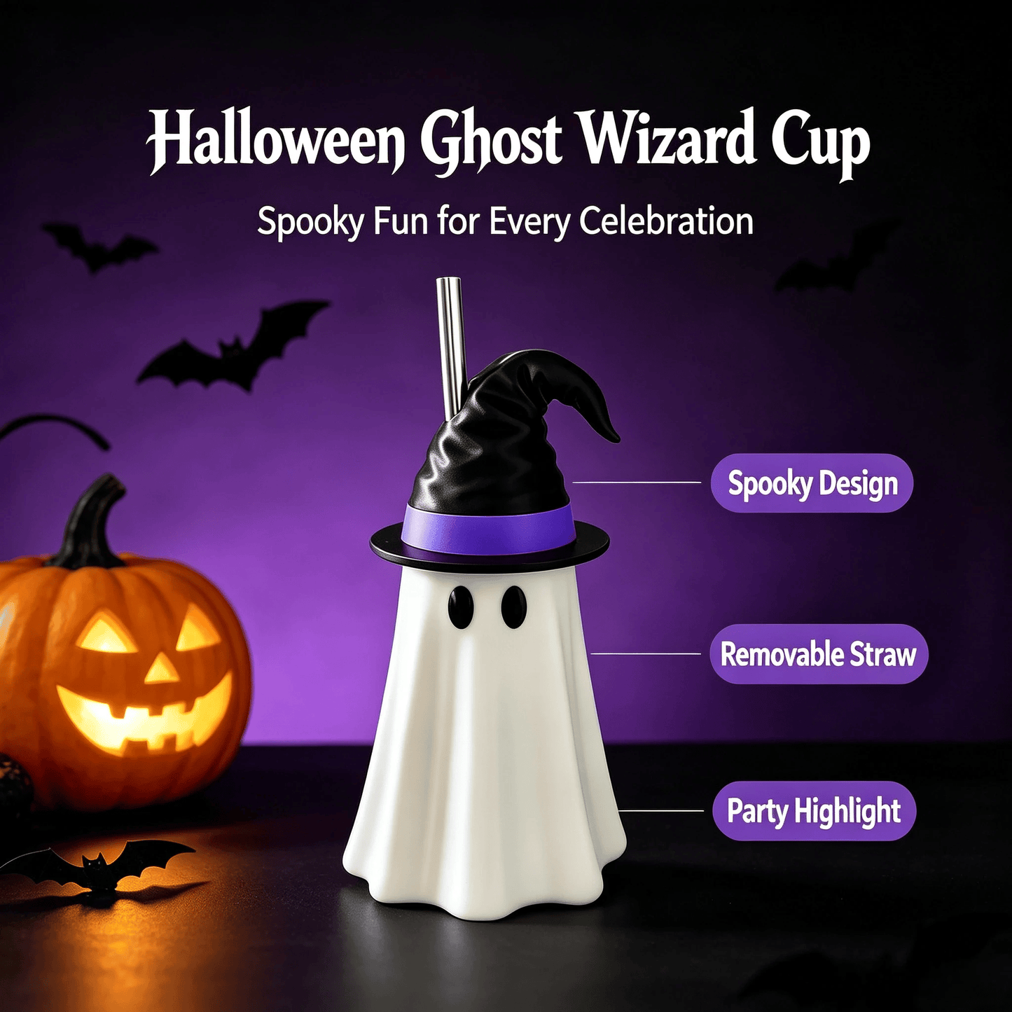 👻 Halloween Ghost Witch Hat Cup – Spooky Drink Bottle Holder with Straw 🎃