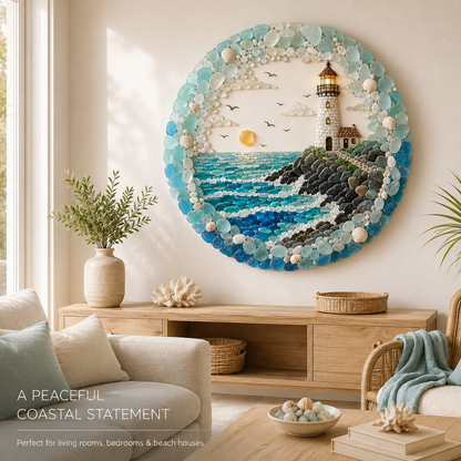 ⏳ Last Day 49% OFF – 🌊✨ Lighthouse Sea Glass Art | Coastal Ocean Wall Décor with Lighthouse, Waves & Seashell Details 🐚🏠