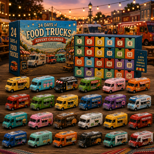 ⏰Limited Time 50% OFF：24 Days of Food Trucks Advent Calendar – 24 Collectible Miniature Vehicles