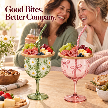 🍷 Sip & Snack Wine Glass Set – Charcuterie Topper with Straw