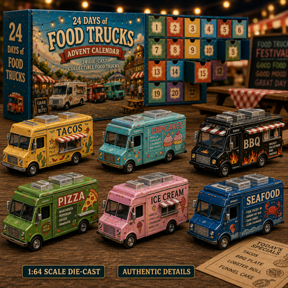 ⏰Limited Time 50% OFF：24 Days of Food Trucks Advent Calendar – 24 Collectible Miniature Vehicles