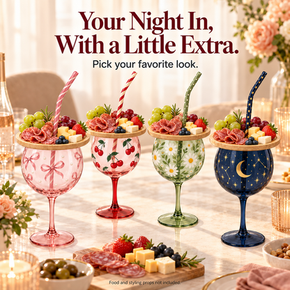 🍷 Sip & Snack Wine Glass Set – Charcuterie Topper with Straw