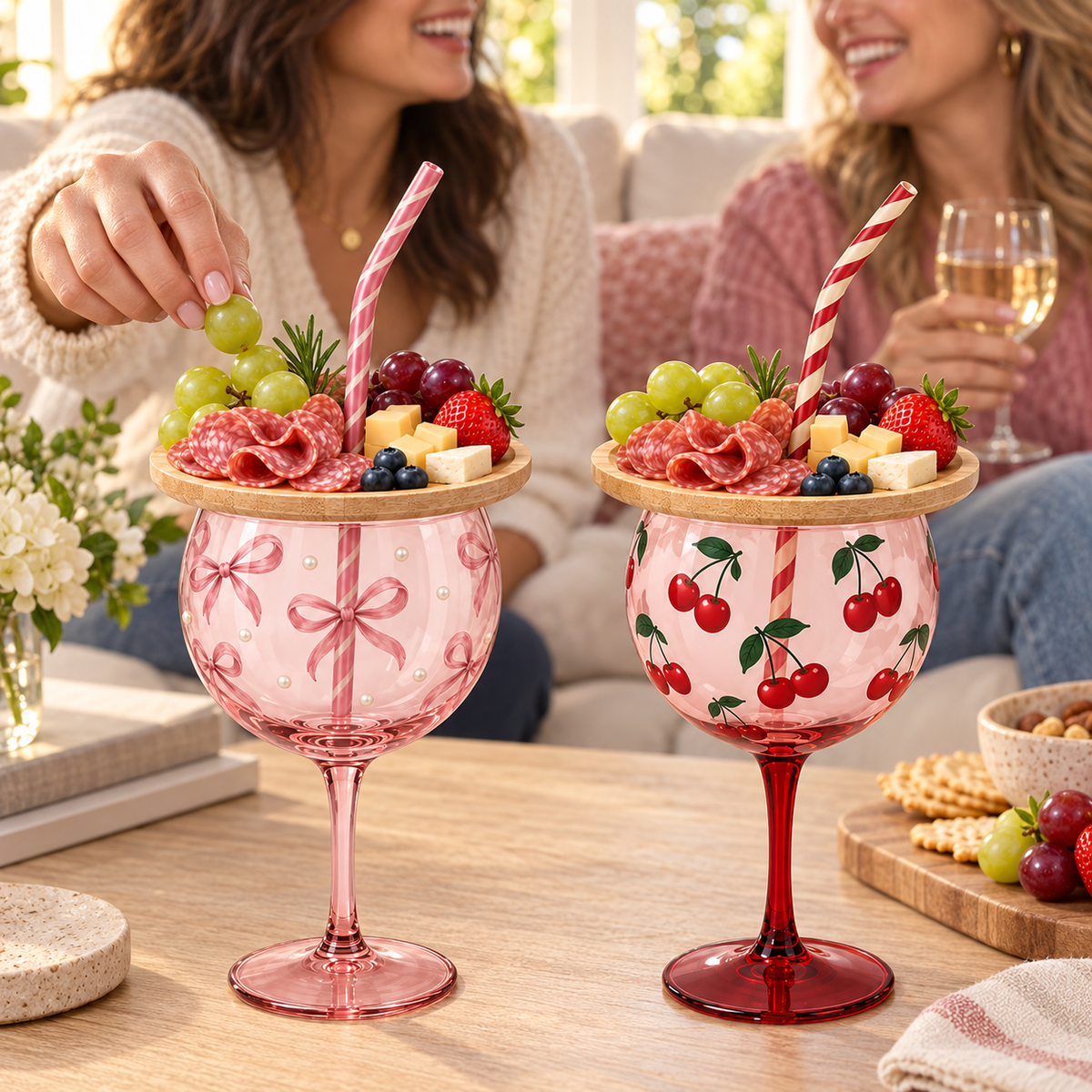 🍷 Sip & Snack Wine Glass Set – Charcuterie Topper with Straw