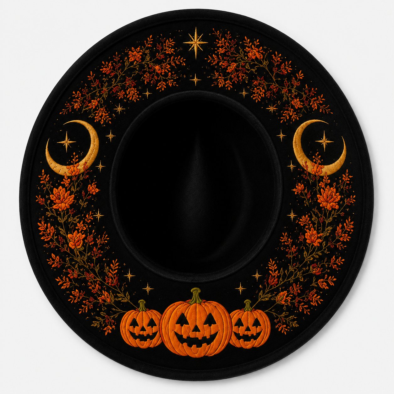🖤 Gothic Embroidered Wide Brim Fedora Hat | Black Felt Design with Detailed Underside Embroidery in 7 Witchy, Celestial & Halloween Styles 🌙