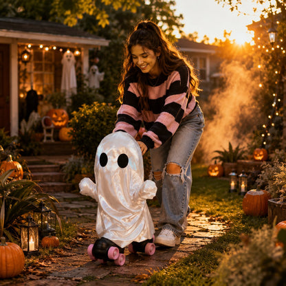 Retro Roller Skate Pearl Ghost Statue, Sweet & Edgy Decor for Seasonal Display