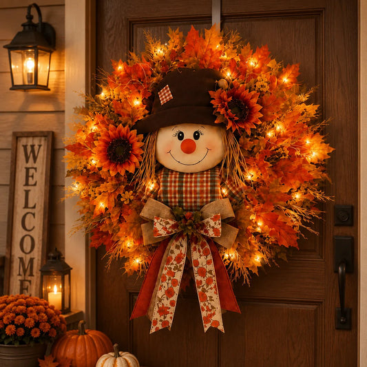 🍂🌻Lighted Scarecrow Fall Wreath for Front Door
