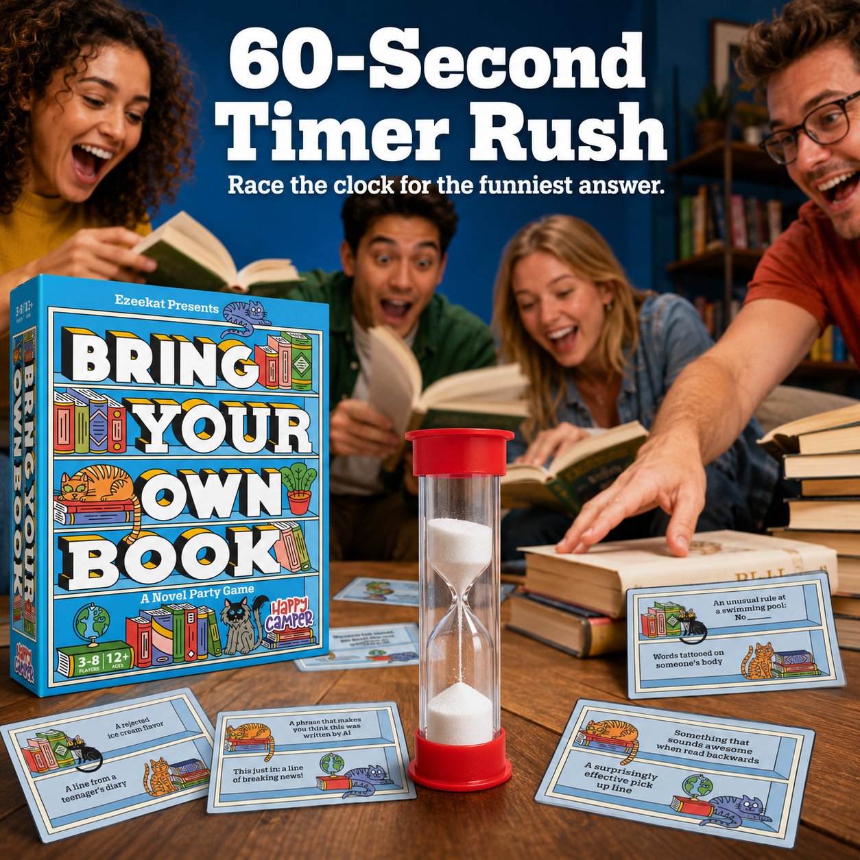 📚 Bring Your Own Book Party Game | 150 Hilarious Prompt Cards, 60-Second Timer & Endless Book Night Fun 🐱🎉
