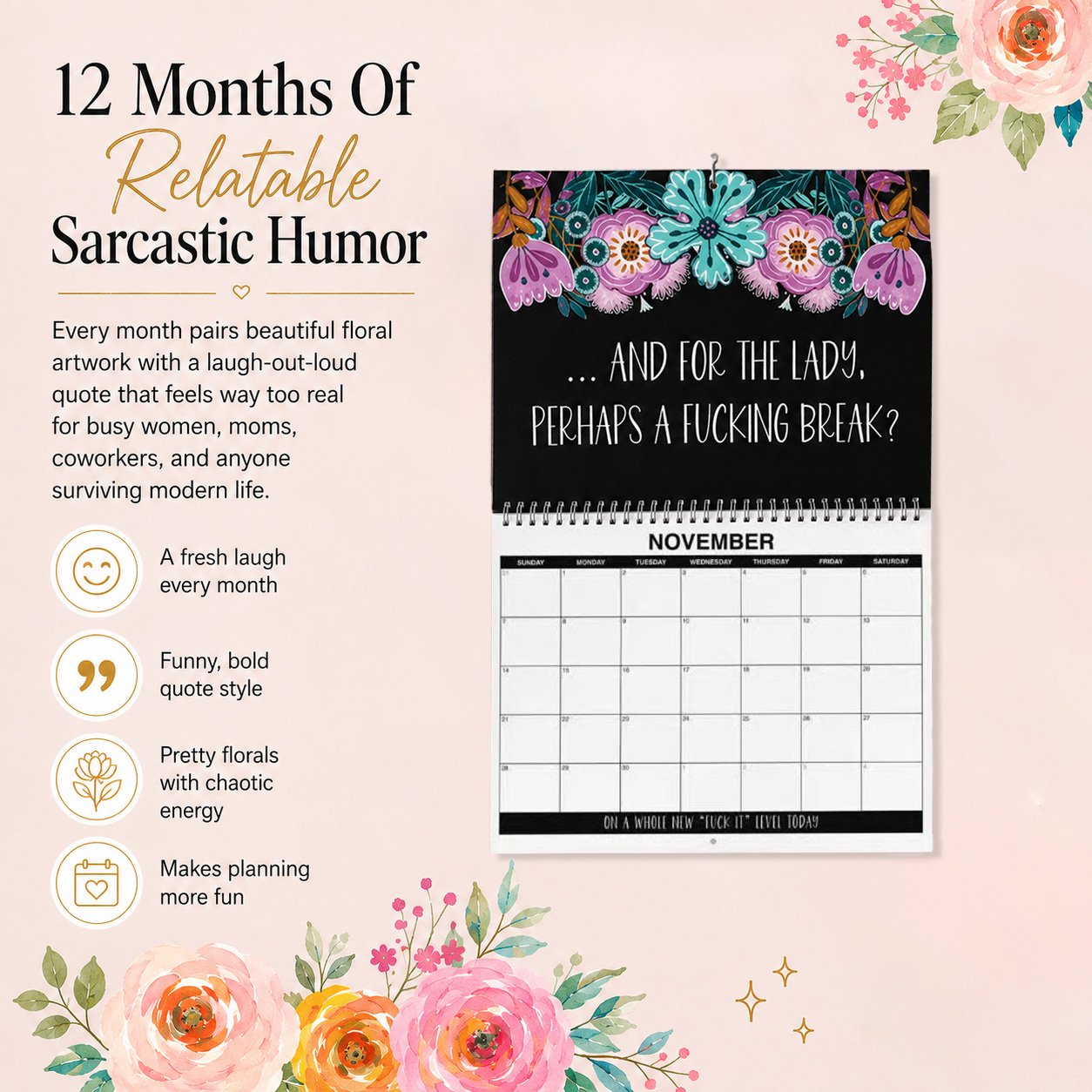 🌸🗓️ 2027 Funny Swear Word Wall Calendar – “F*ck It” Floral Calendar for Tired-Ass Women 😂✨