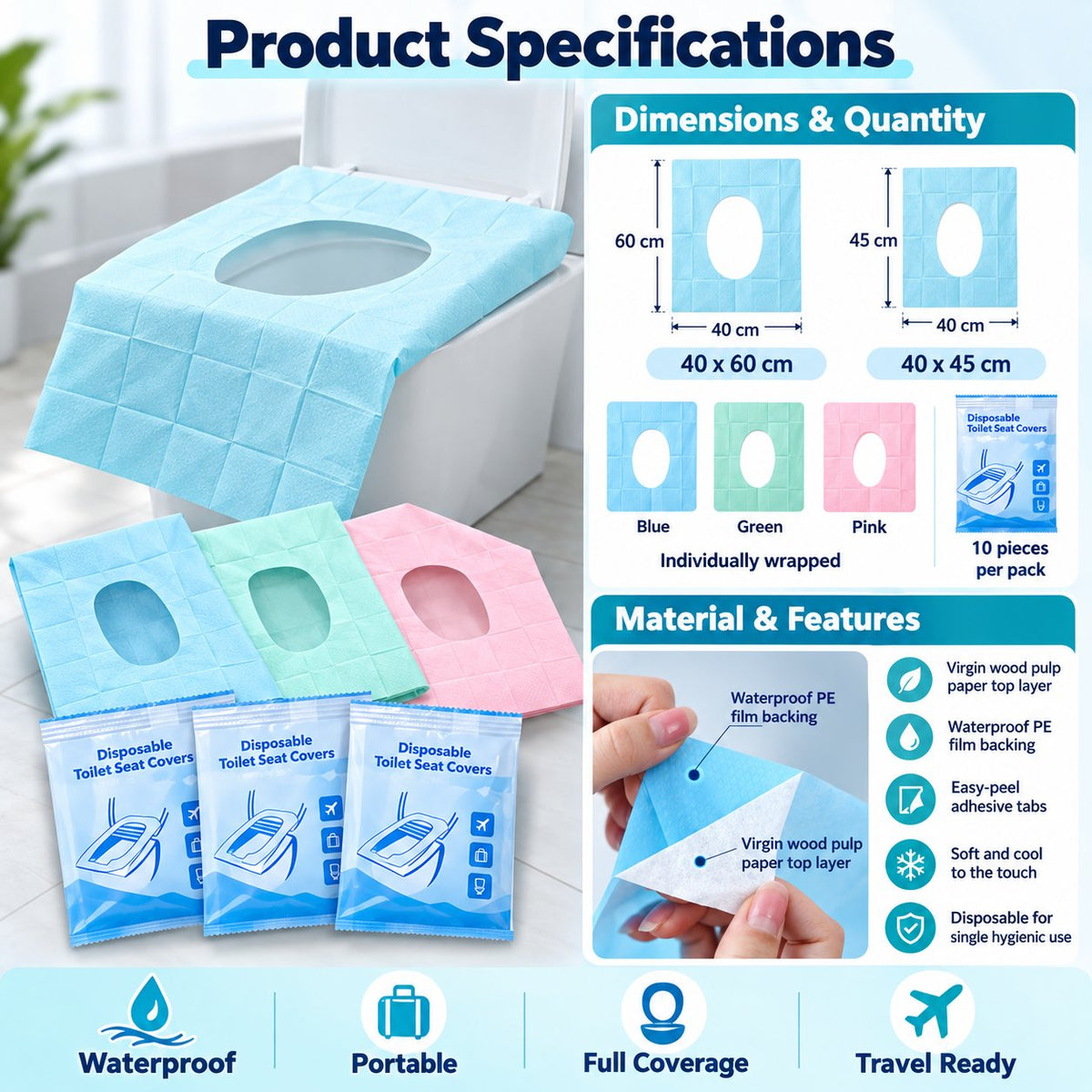 Disposable Waterproof Toilet Seat Covers | Individually Wrapped Travel Hygiene Liners