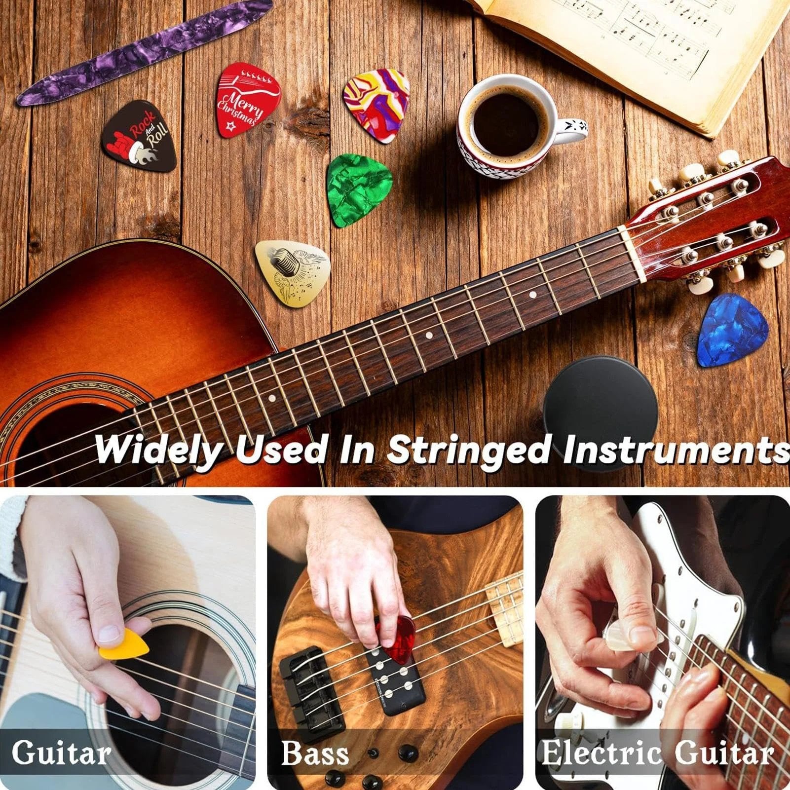 Assorted guitar picks for acoustic electric guitar and bass