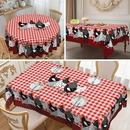 🔥HOT SALE🔥🐓 Farmhouse Rooster Tablecloth – Red Buffalo Plaid Chicken Table Cover, Spill Proof & Scalloped Lace Edge ✨