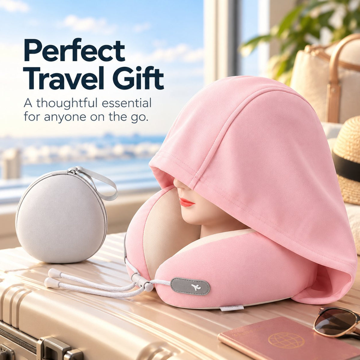 Hooded Travel Neck Pillow with Carrying Pouch