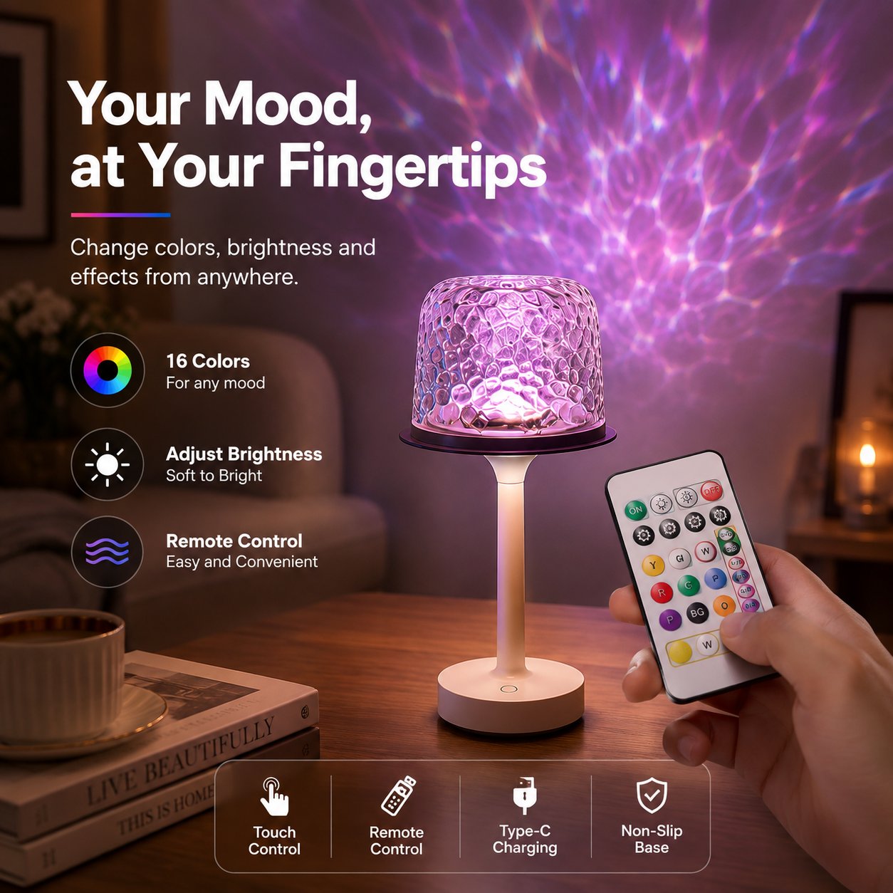 16-Color Water Ripple Projection Table Lamp – Rechargeable Remote & Touch Dimmable Mood Light