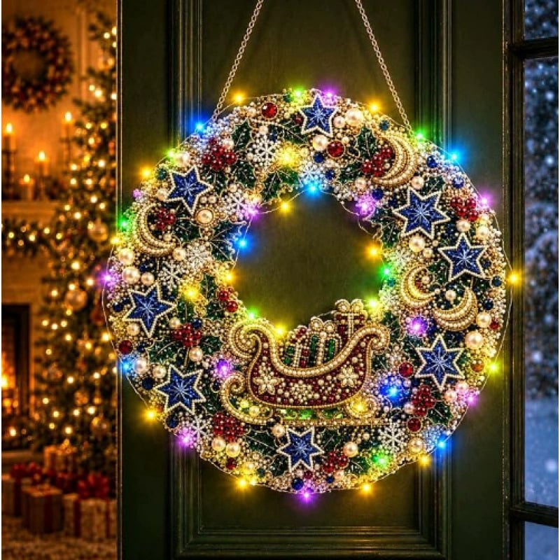 LED Weihnachts-Perlen-Diamantbild – Funkelnde Weihnachtskranz-Dekoration mit 19 Motiven