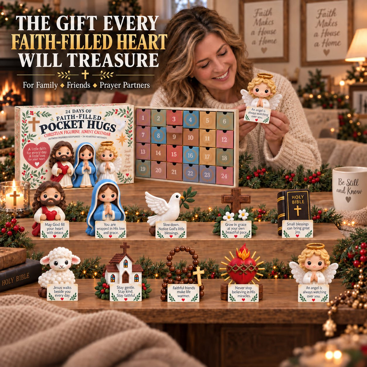 ✝️ 24 Days of Faith-Filled Pocket Hugs™ Advent Calendar | 24 Unique Hand-Painted Christian Keepsakes with Matching Encouragement Cards & No Repeated Designs 🎁