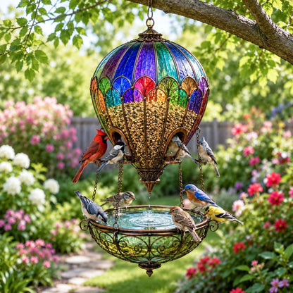 Hot Air Balloon Bird Feeder with Water Tray – Stained-Glass Look Garden Decor