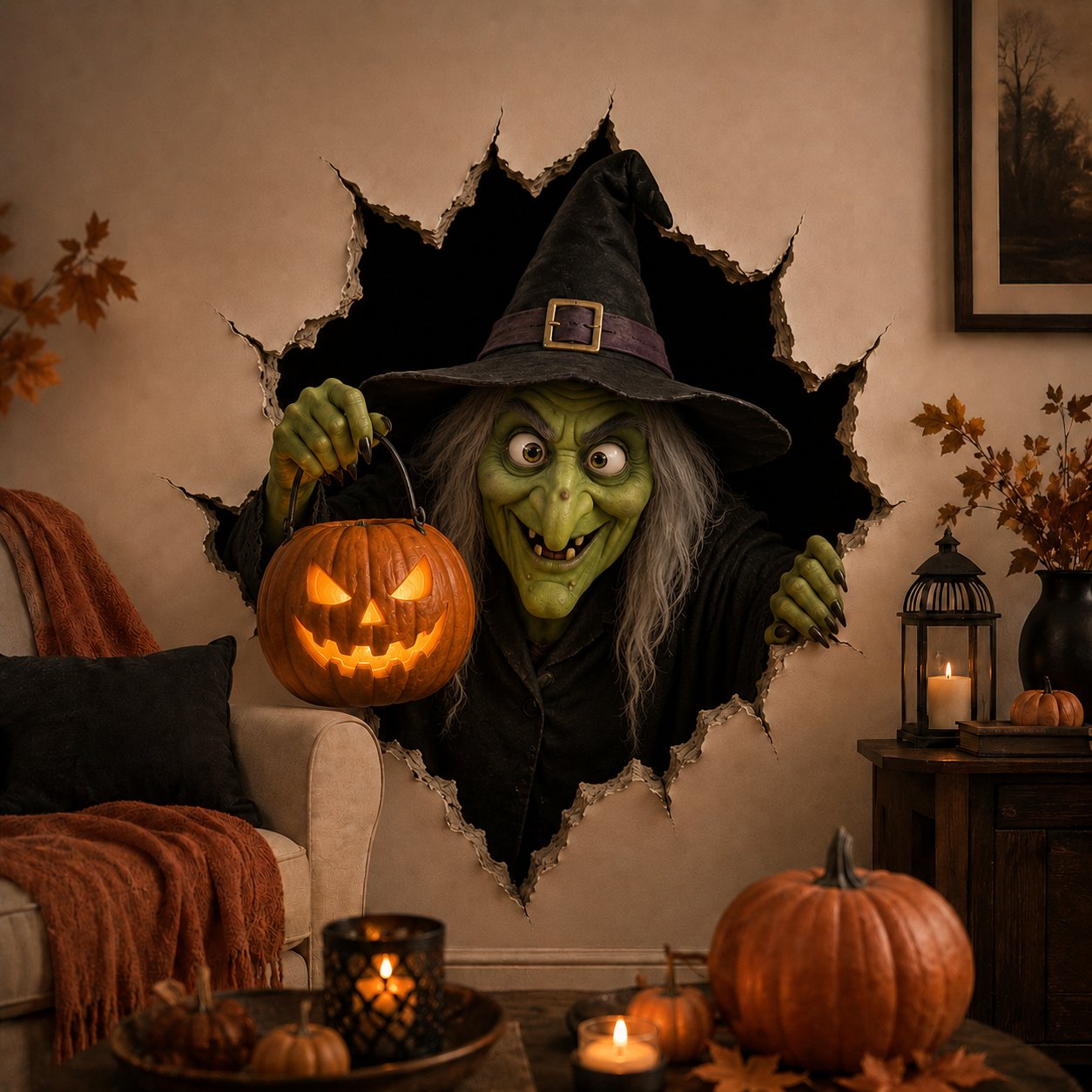 ⏳ Last Day 49% OFF – 🧙‍♀️ Halloween Witch Break-In 3D Wall Decal | Realistic Cracked-Wall Illusion with Reaching Hands, Dramatic Witch Artwork & Easy Peel-and-Stick Design 🎃✨