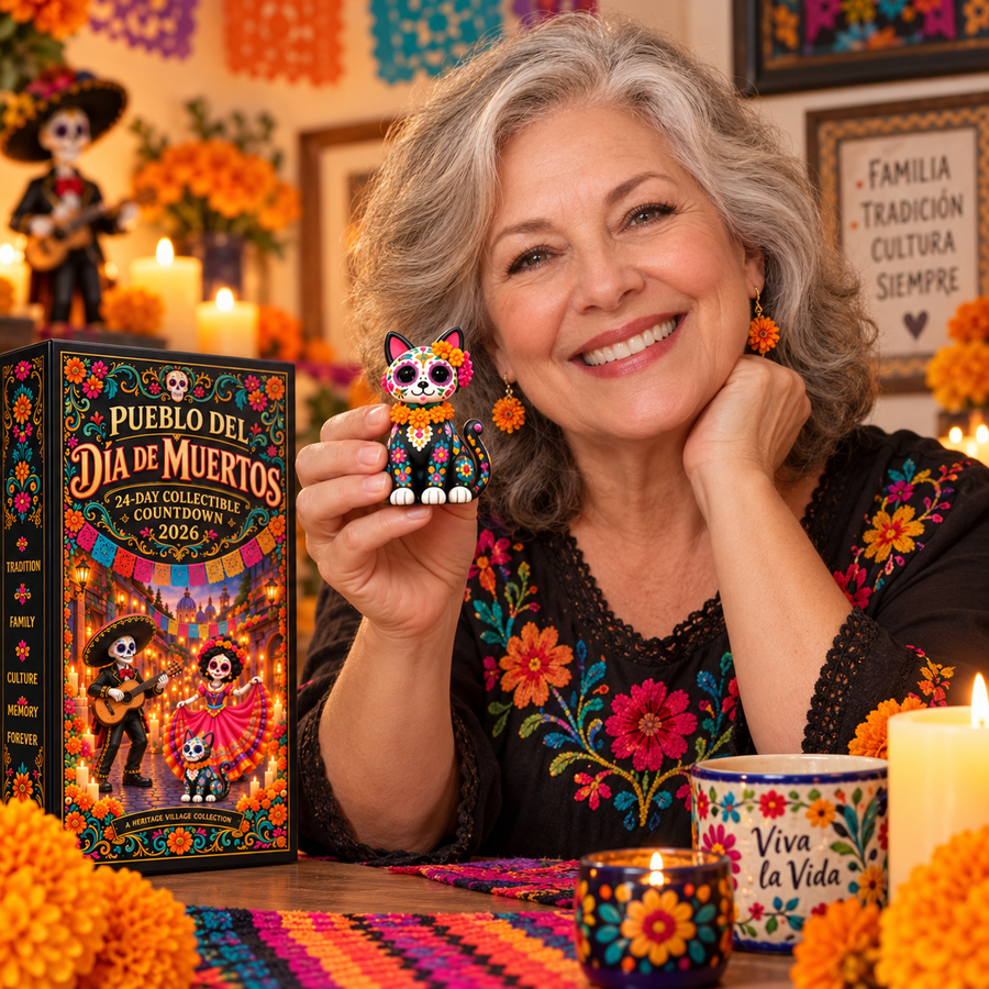 Woman holding a colorful collectible miniature from Pueblo del Día de Muertos