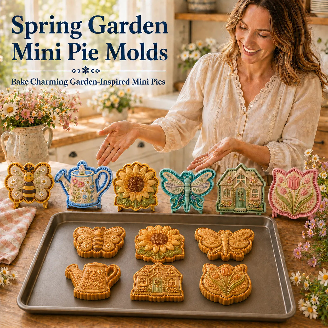 ⏳ Last Day 49% OFF – 🌸 8-Design Spring Garden Mini Pie Mold Collection | Reusable Embossed Molds for Shaping Detailed Bee, Butterfly, Ladybug, Sunflower, Cottage & More 🥧✨