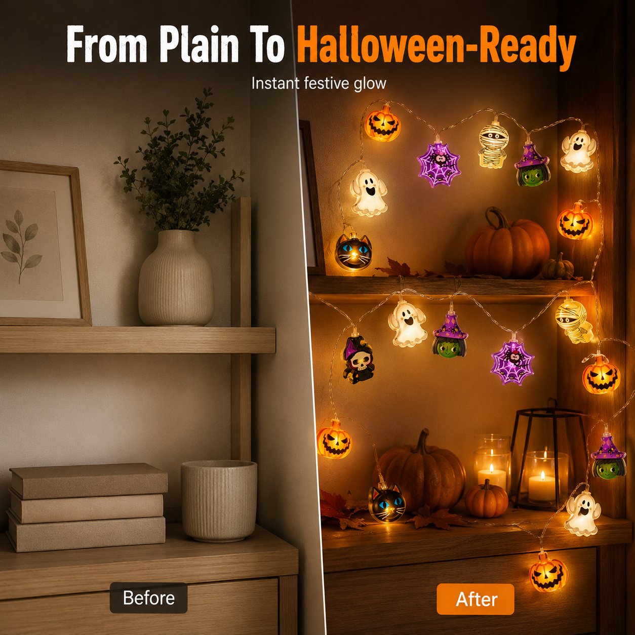 🎃 Halloween Decor Sale 49% OFF – USB Pumpkin, Witch & Ghost LED String Lights