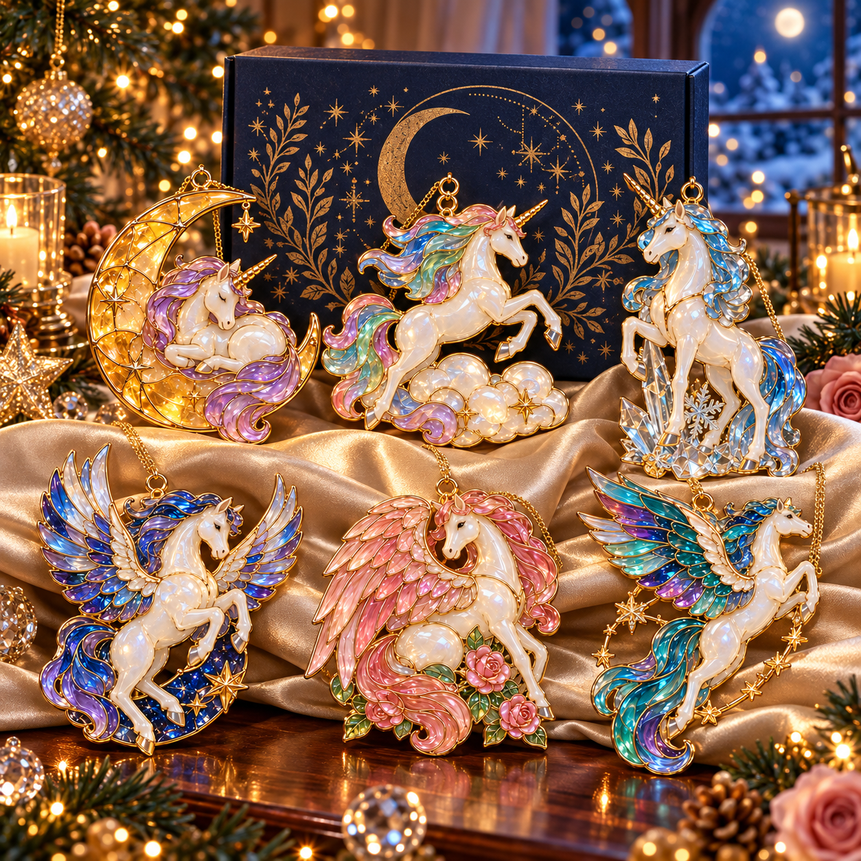 Six magical unicorn Christmas ornaments displayed together