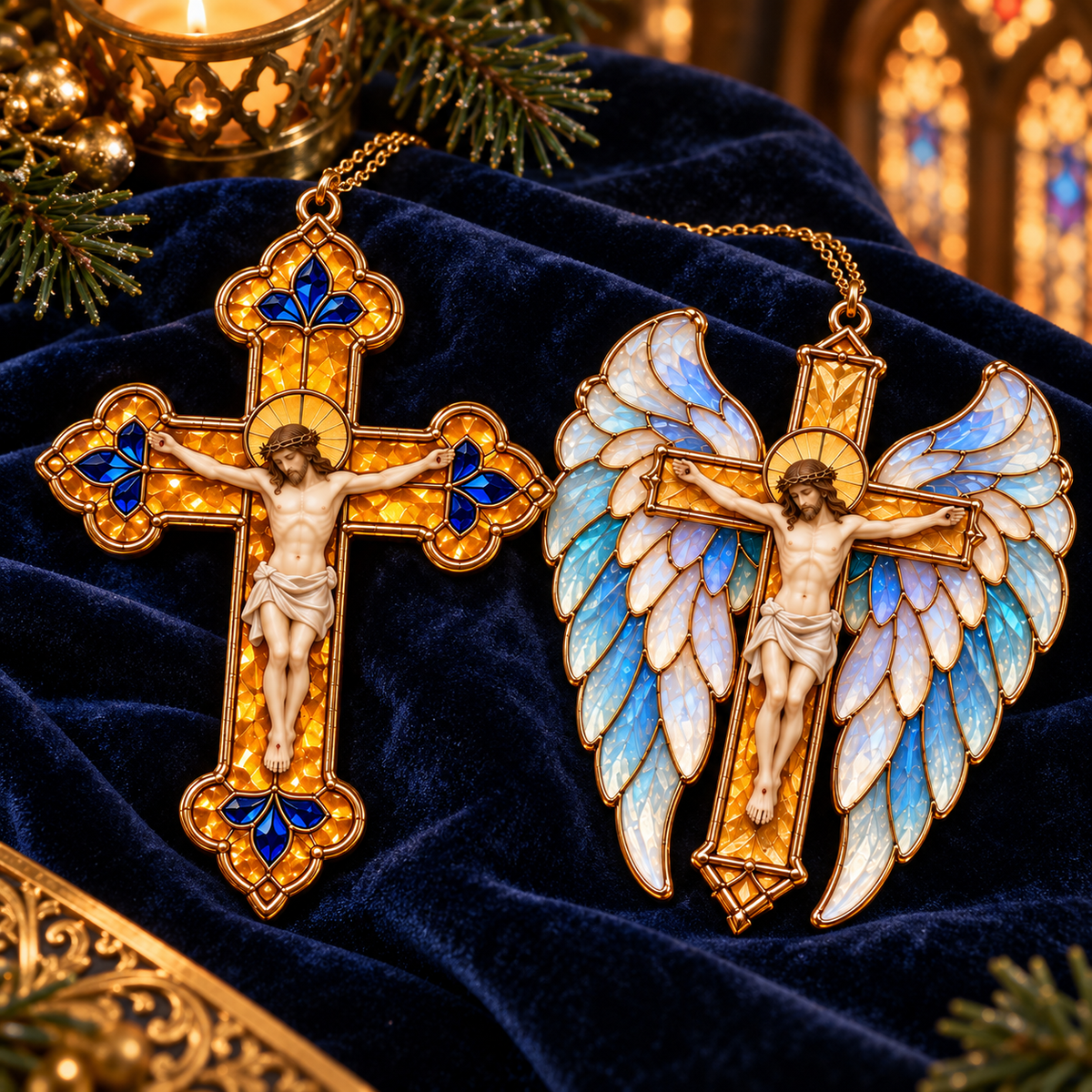 2026 Sacred Light — Vintage Stained Glass–Style Crucifix Christmas Ornaments | Set of 6