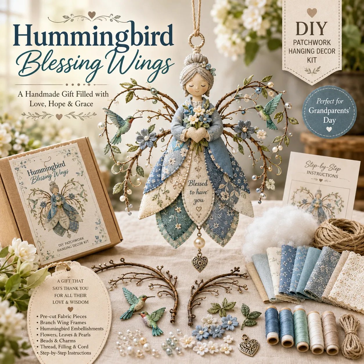 🐦 Beginner-Friendly DIY Hummingbird Blessing Wings Patchwork Hanging Kit | Complete Kit with Pre-Cut Fabrics, Decorative Accents & Step-by-Step Guide Included 💕