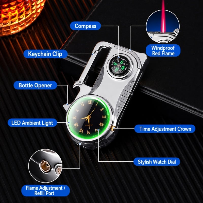 Multifunctional lighter with watch🔥 — — Watch/compass/keychain/bottle opener/cool lamp in one