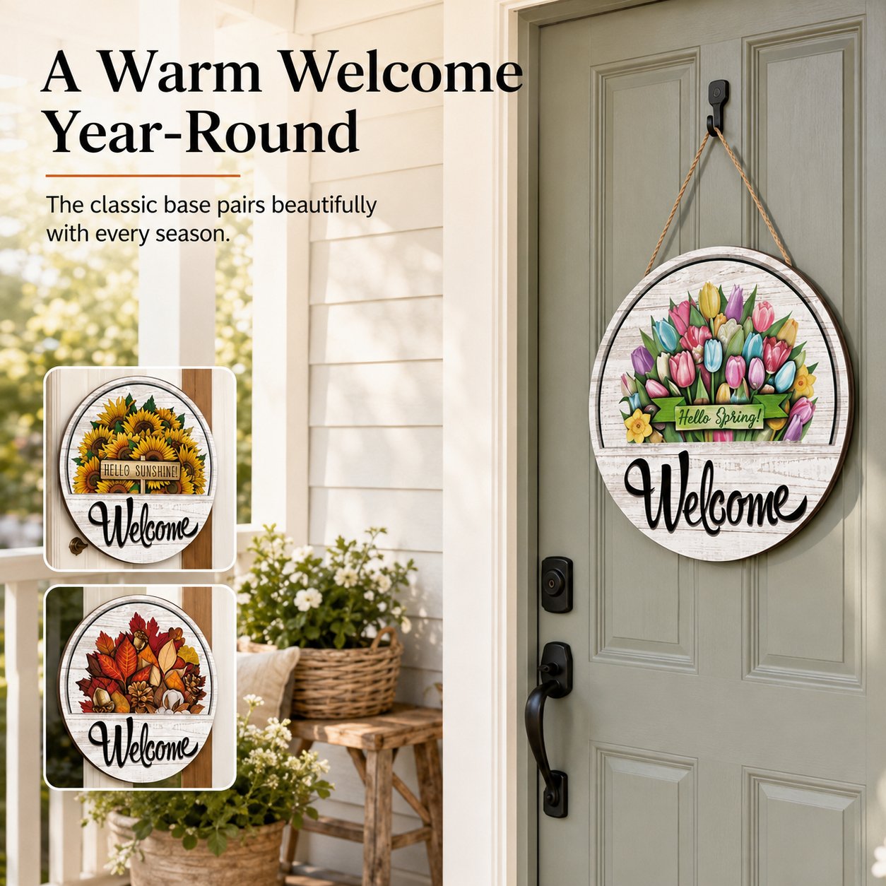 ⏳ Last Day 49% OFF – 🏡 Interchangeable Seasonal Welcome Door Sign | 12 in Woodgrain-Style Base with Magnetic 3D Toppers for Holidays, Seasons & Celebrations ✨