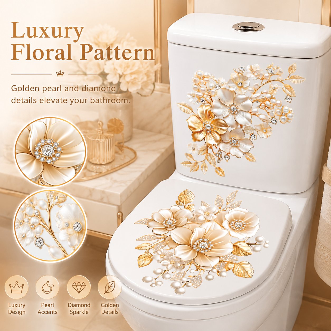 🌼Luxury Golden Flower Toilet Sticker
