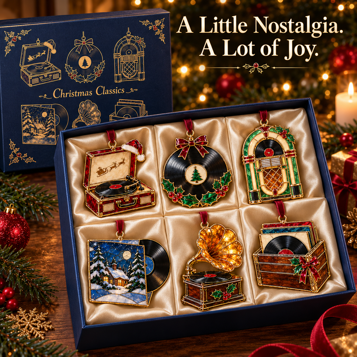 Vintage music Christmas ornament collection in festive keepsake presentation