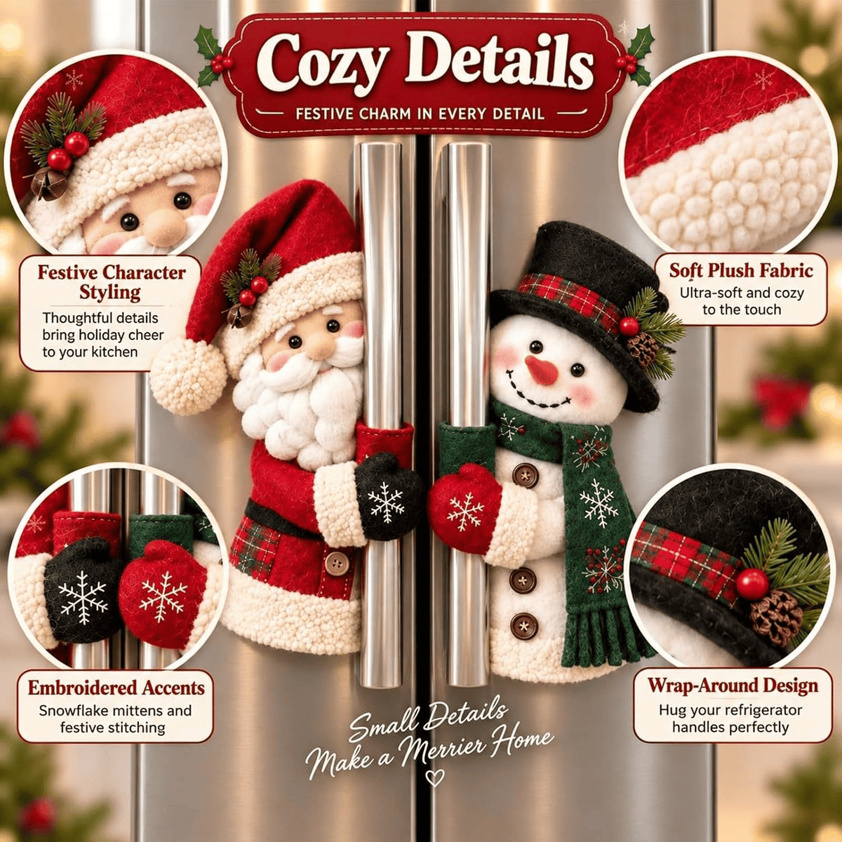 Festive Christmas Handle Covers Set, Plush Santa & Snowman Handle Huggers for Fridge Oven Kitchen Cabinets, Cozy Holiday Home Decor Gift for Friends