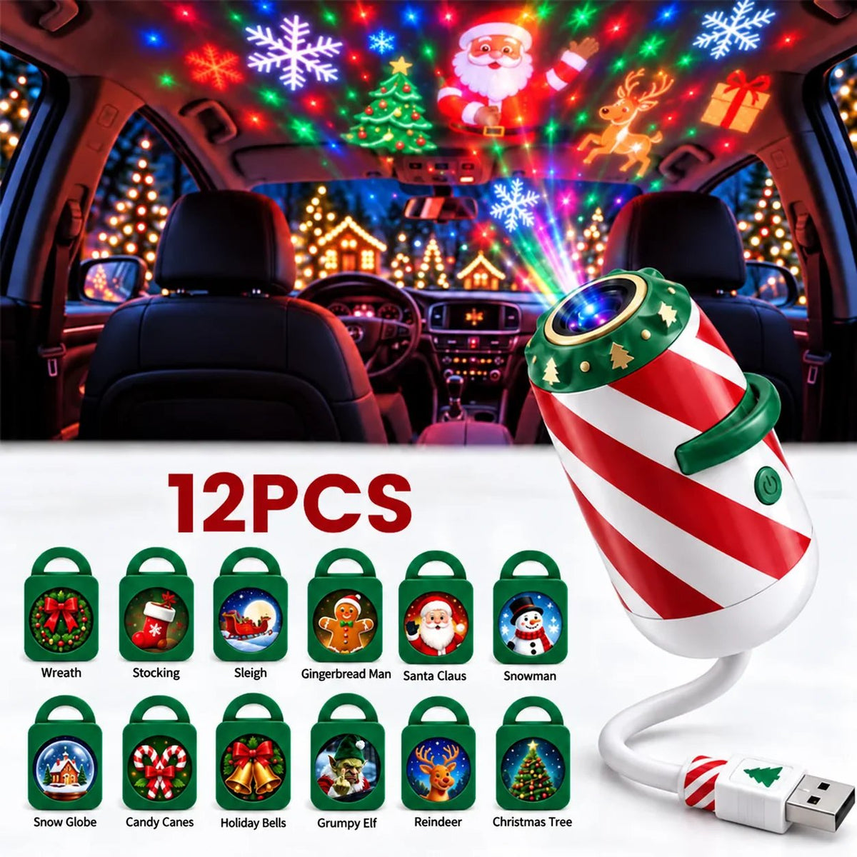 🎄 Merry Ride Christmas Car Projector Light – 24 Festive Slides
