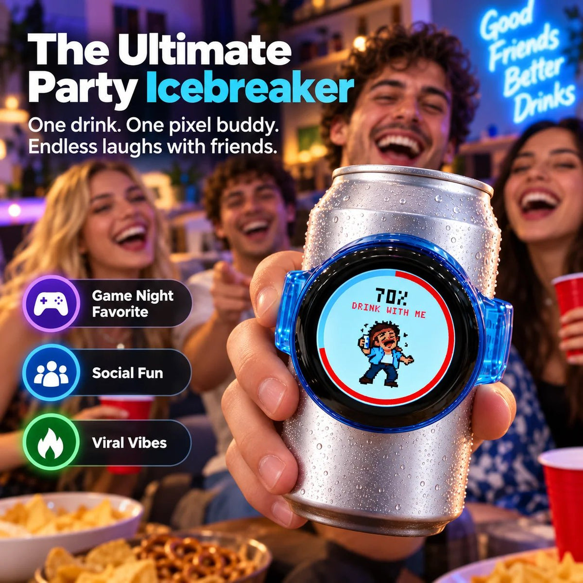 🎮 Interactive Pixel Party Can Companion – Motion-Responsive Mini Game Drink Gadget