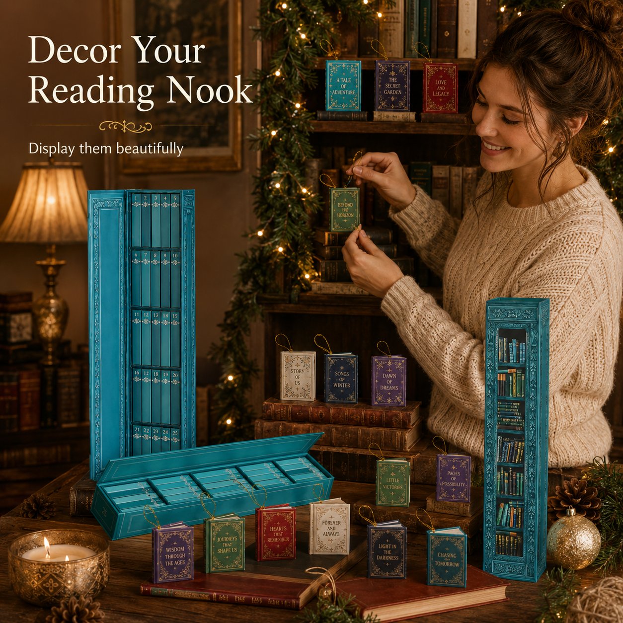 Tiny Bookery Advent Calendar, 25‑Day Mini Book Ornaments | Christmas Countdown Gift for Book Lovers