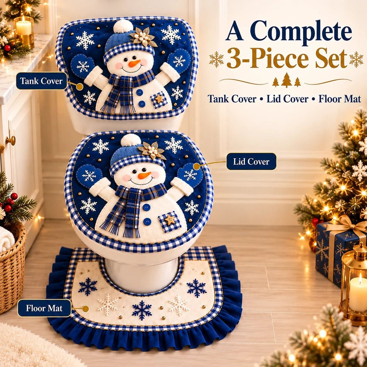 🎉3-Piece Christmas Snowman Toilet Cover Set – Cozy Winter Bathroom Decor