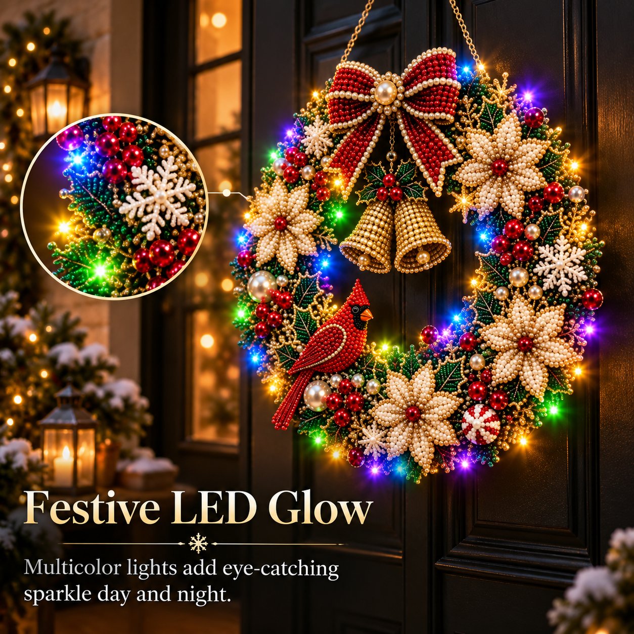 LED Weihnachts-Perlen-Diamantbild – Funkelnde Weihnachtskranz-Dekoration mit 19 Motiven