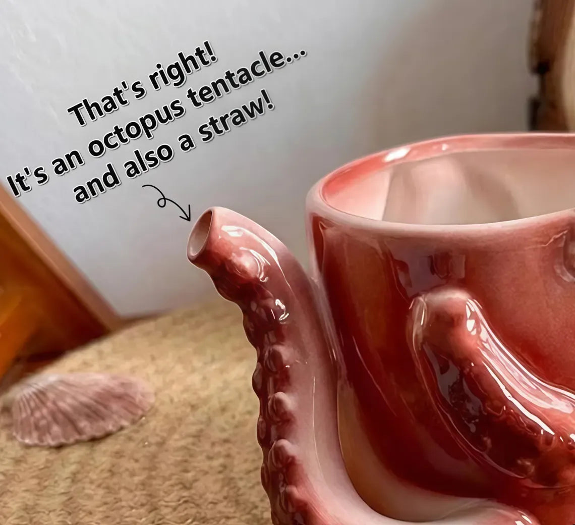 🐙 Pink Octopus Ceramic Mug – 3D Tentacle Design