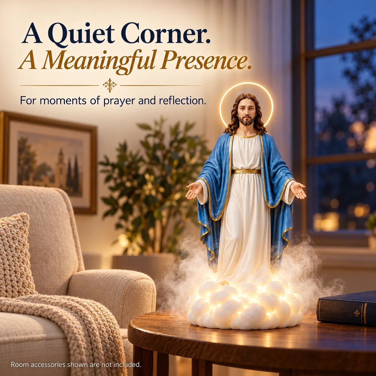 Holy Mist Jesus sculpture with soft lighting and mist in a cozy living room