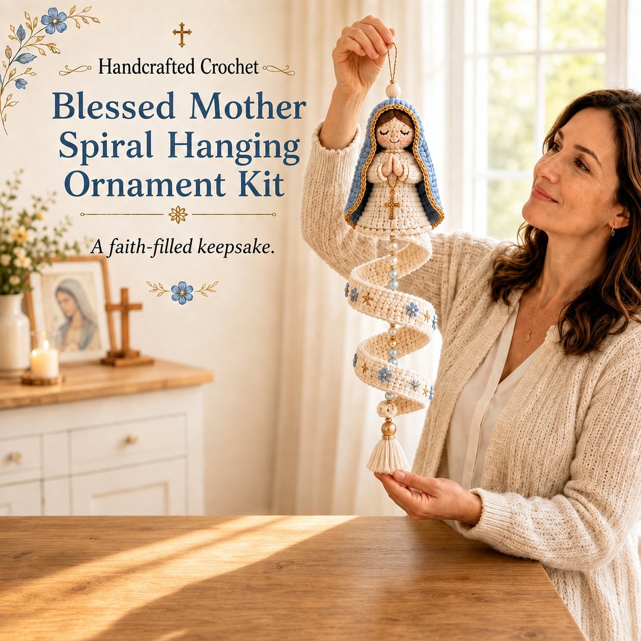 🙏 Handcrafted Crochet Blessed Mother Devotional Spiral Hanging Ornament | Soft Textured Yarn, Plush Filling, Decorative Beads, Golden Cross & Floral Tassel Details 💙✨