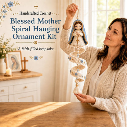 🙏 Handcrafted Crochet Blessed Mother Devotional Spiral Hanging Ornament | Soft Textured Yarn, Plush Filling, Decorative Beads, Golden Cross & Floral Tassel Details 💙✨