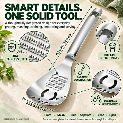 🥄 6-in-1 304 Stainless Steel Multi-Function Grater Spoon – Grate, Mash, Drain & Serve
