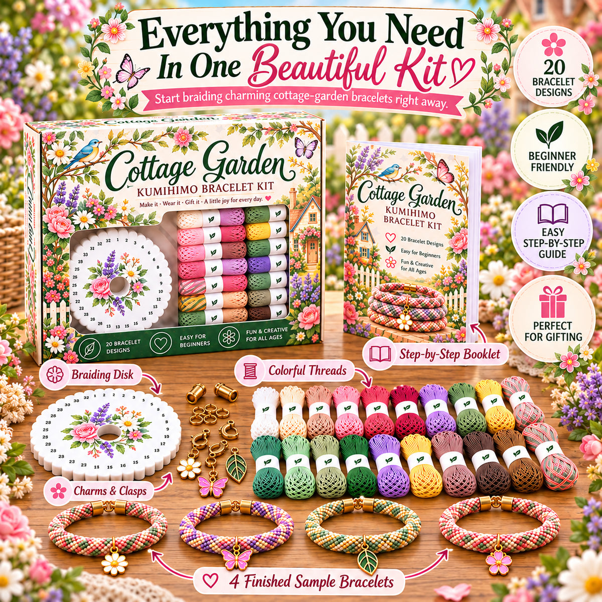 🔥50% Off Last Day - BUY 3 GET 1 FREE🌸Cottage Garden Kumihimo Bracelet Making Kit – DIY Braided Friendship Bracelets & Creative Gift Set