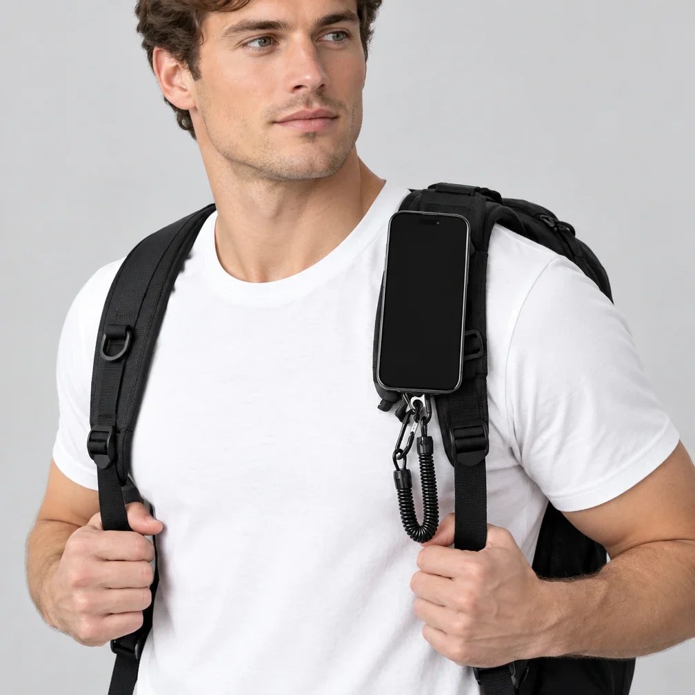 Tactical Magnetic Quick-Release Phone Mount — EDC Belt & Backpack Holster with Anti-Drop Coil Lanyard
