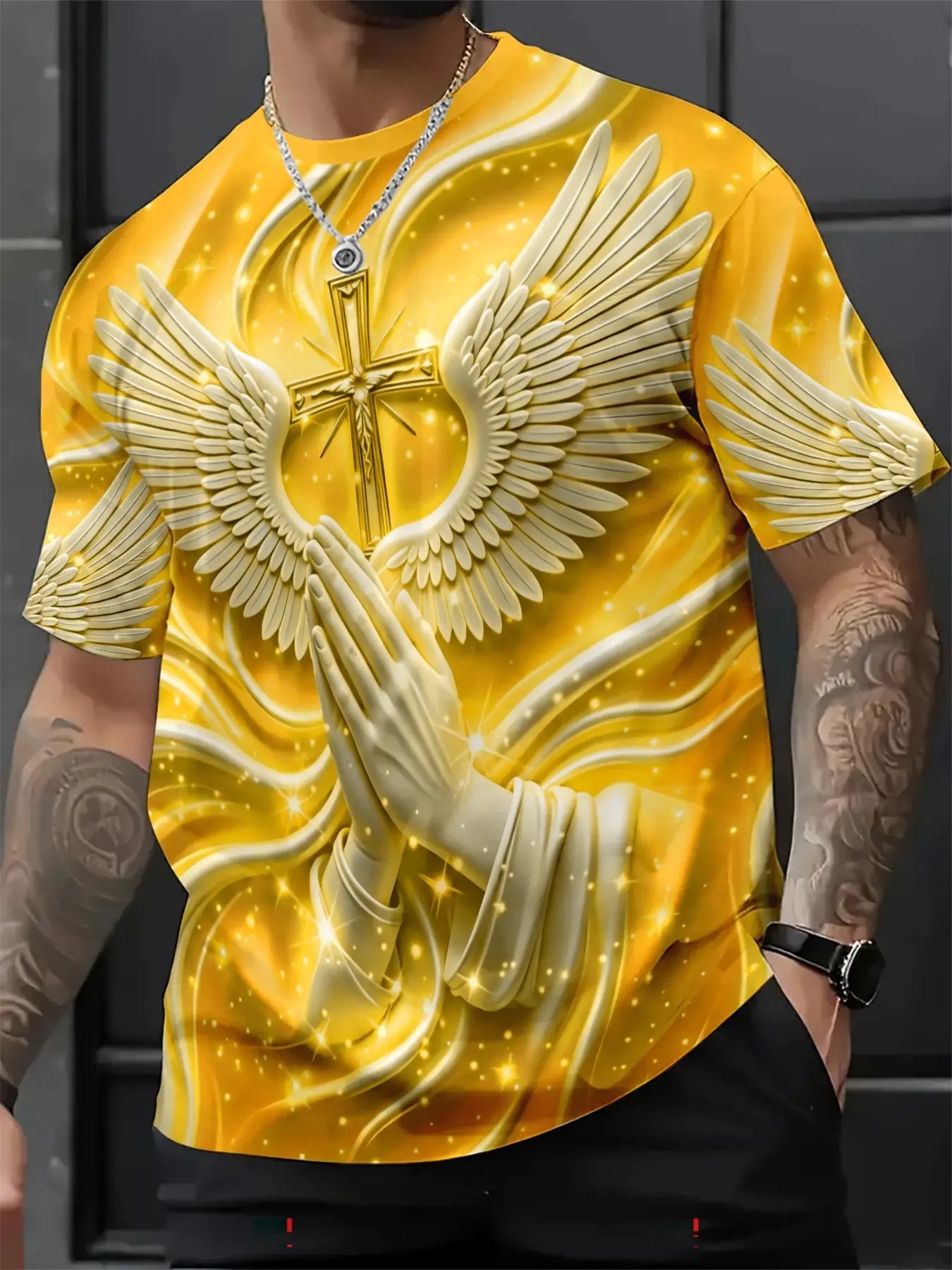 New Religious Prayer Hand Angel Wings Cross Print Men's Round Neck 3D High-Definition Short Sleeve