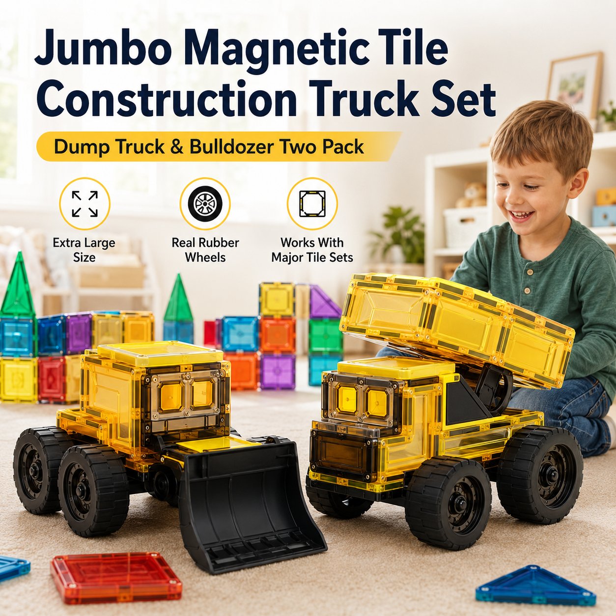 Magnetic Tile Construction Truck Set | Dump Truck & Bulldozer Toy