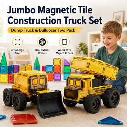 Magnetic Tile Construction Truck Set | Dump Truck & Bulldozer Toy