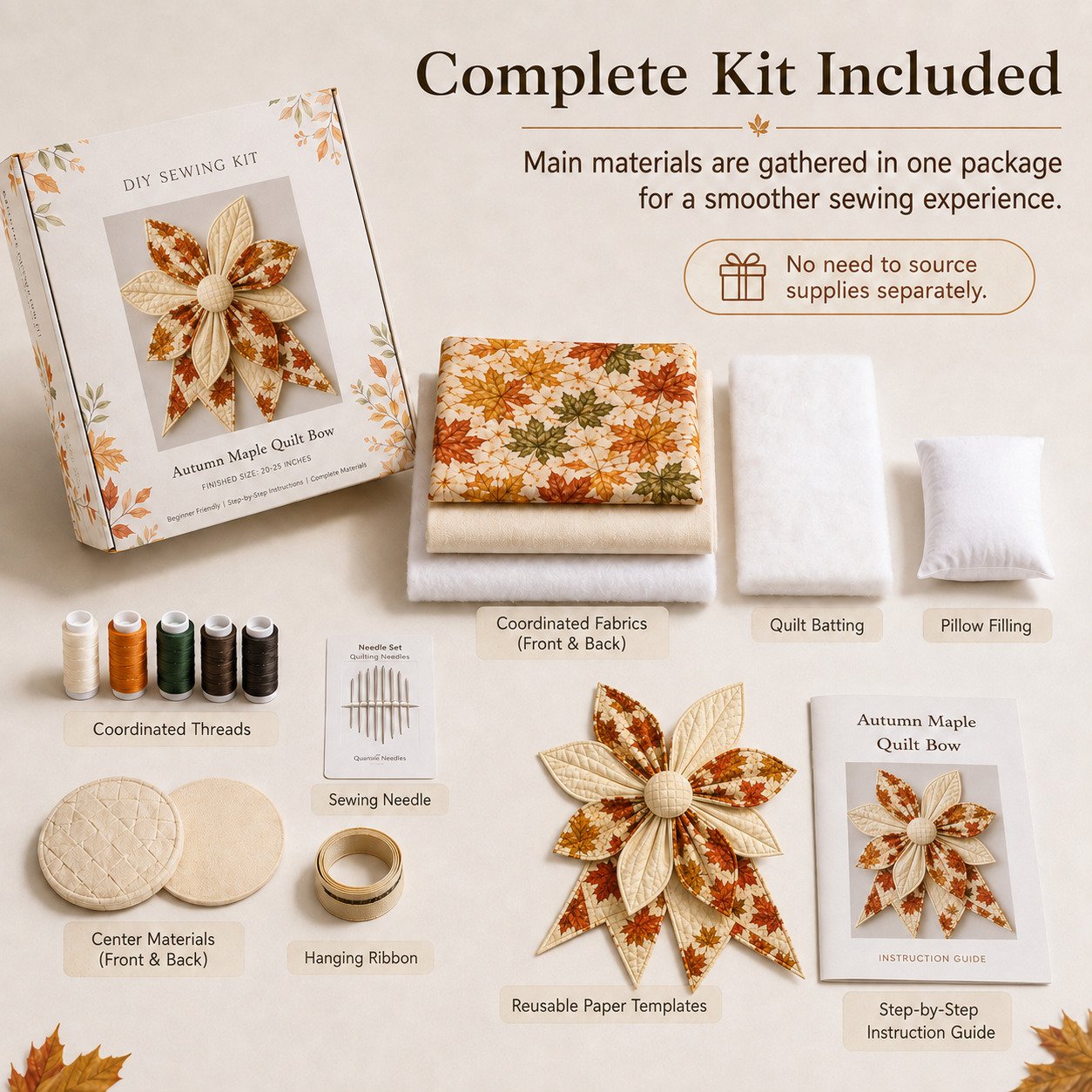 🎀 Oversized Quilted Bow Sewing Kit | Coordinated Printed Fabrics, Soft Batting, Pre-Designed Templates & Complete Supplies for a Full 23–25 in Statement Bow 🍁✨