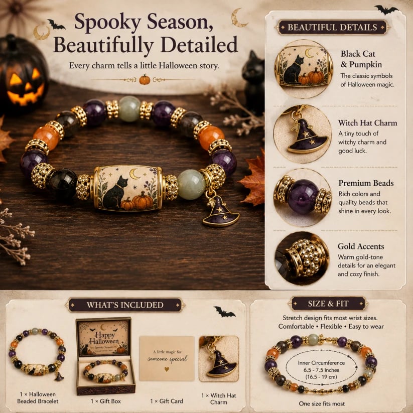 🎃 Limited Edition Halloween Black Cat & Pumpkin Beaded Bracelet Set | Spooky Cute Gift Jewelry